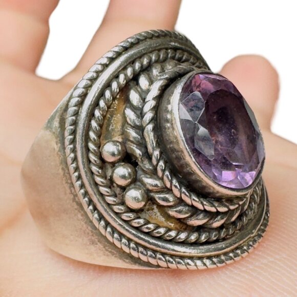 Amethyst Faceted Oval Vintage Ring Sterling 925 Silver Size 8.5 - Picture 8 of 9